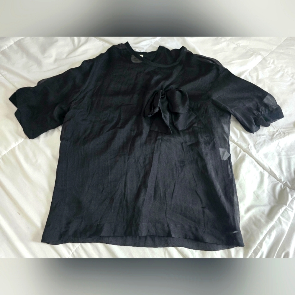 Alysi Blouse - Italian Black Silk Bow Tie Sheer Designer